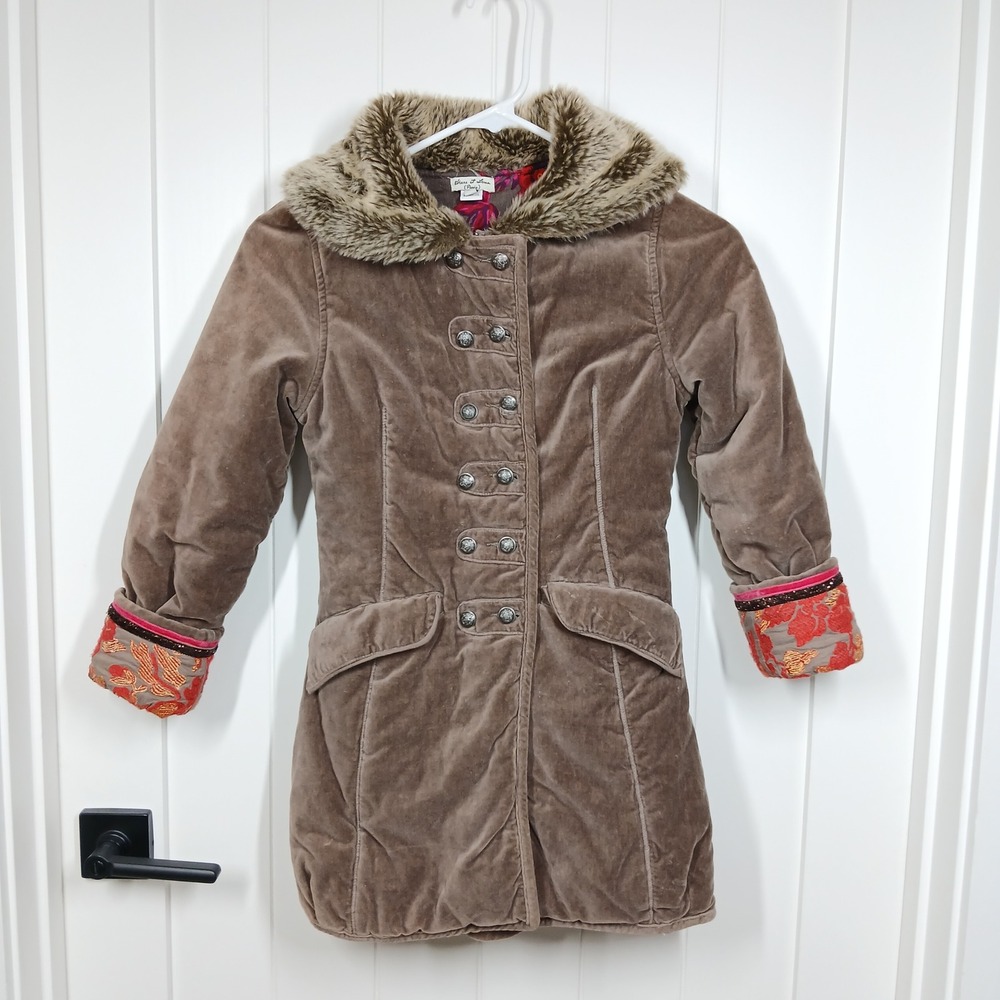Eliane et Lena Coat Girls 8A Brown Velvet Faux Fur Trim Cottagecore Winter
